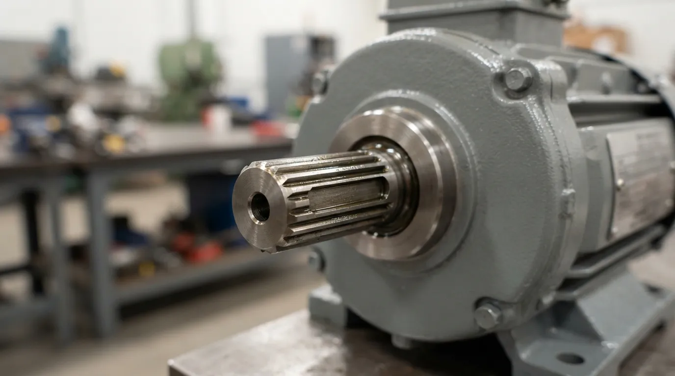 Gefreesde stalen motoras met sleutelgang en splines op een nieuwe industriële elektromotor.