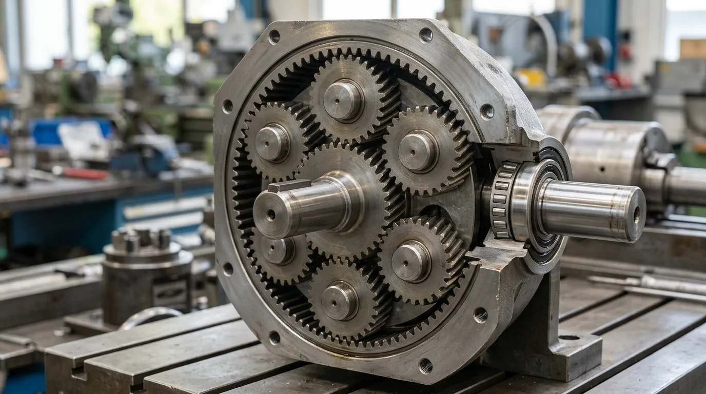 Dwarsdoorsnede van een planetaire versnellingsbak die zonnewiel onthult, Planeettandwielen, en ringmechanisme.