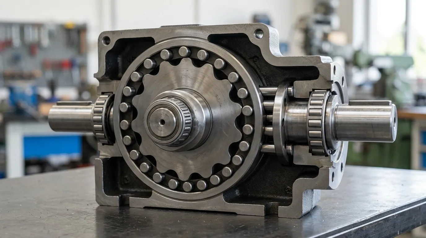 Doorsnede van een cycloïdale reductor die de gelobde schijf toont, Ringpinnen, en een excentrische nok binnenin de behuizing.