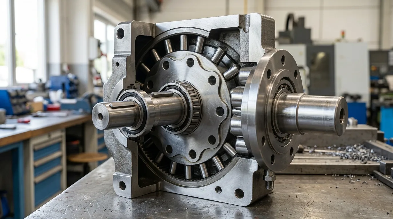 Doorsnede van een cycloïdale tandwielreductor met gelobde schijf, excentrische as, Ringpinnen en uitvoerrollen zichtbaar.
