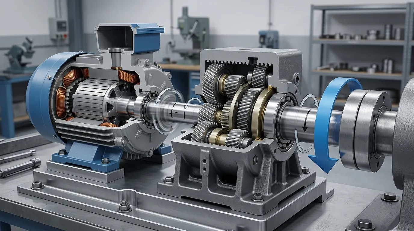 Elektromotor en reductieversnellingsbak met verschillende in- en uitgaande as-snelheden