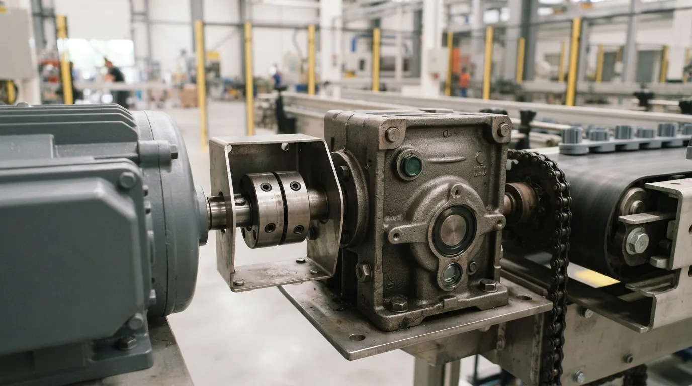 Elektromotor met spiraalversnellingsbak verbonden met een transportbandaandrijving, Close-up beeld van de uitgangsas.