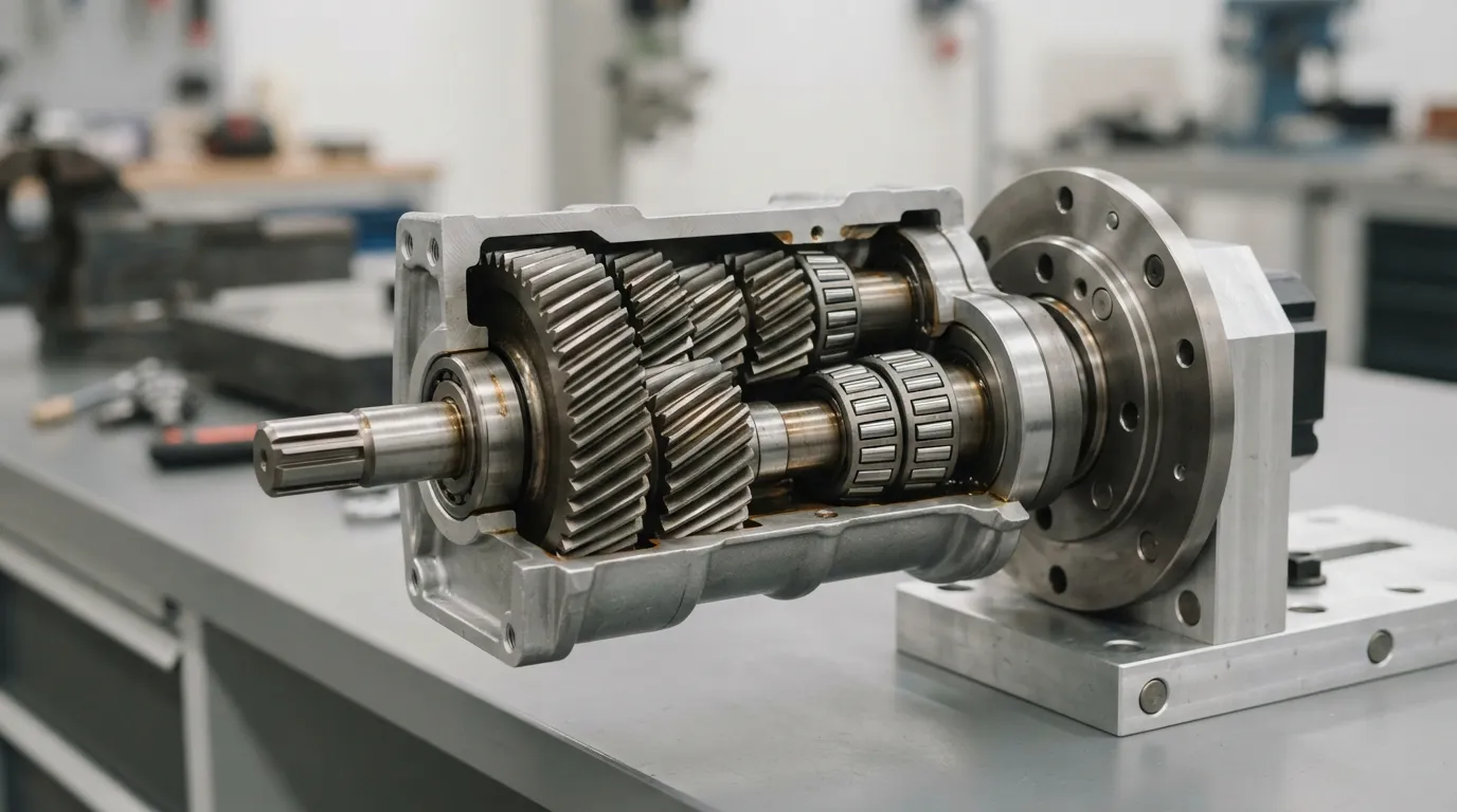 Doorsnede van een spiraalvormige tandwielmotor met interne tandwielen en een op maat gemaakte montageflens.