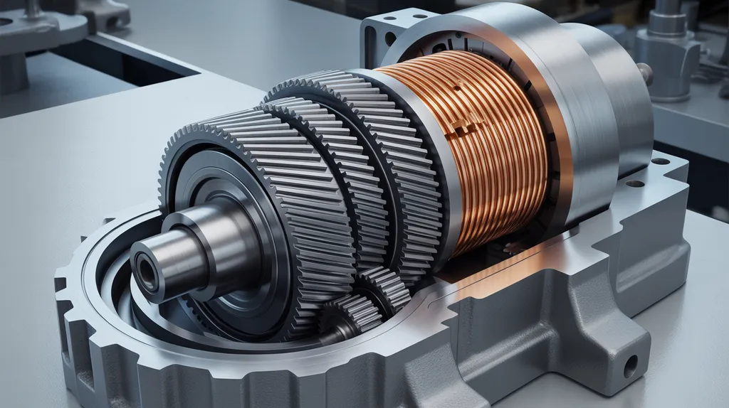 Cutaway-weergave van een industriële spiraalvormige tandwielmotor met interne motorwikkelingen en versnellingsreductietrappen.