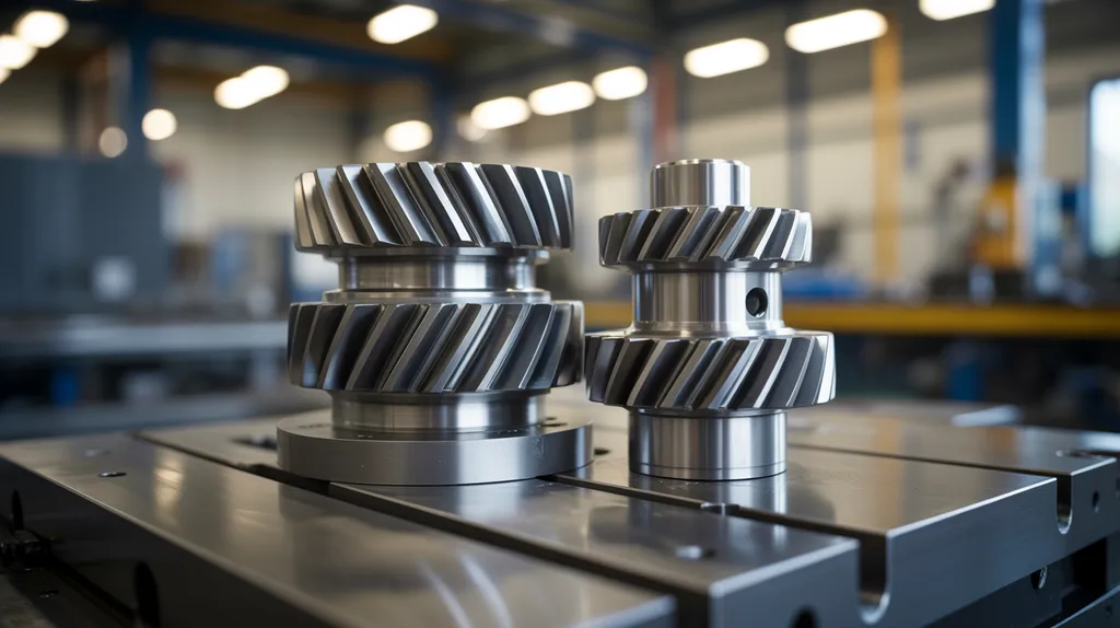 Bewerkte spiraalstalen tandwielen naast een versnellingsbakbehuizing op een CNC-machinetafel