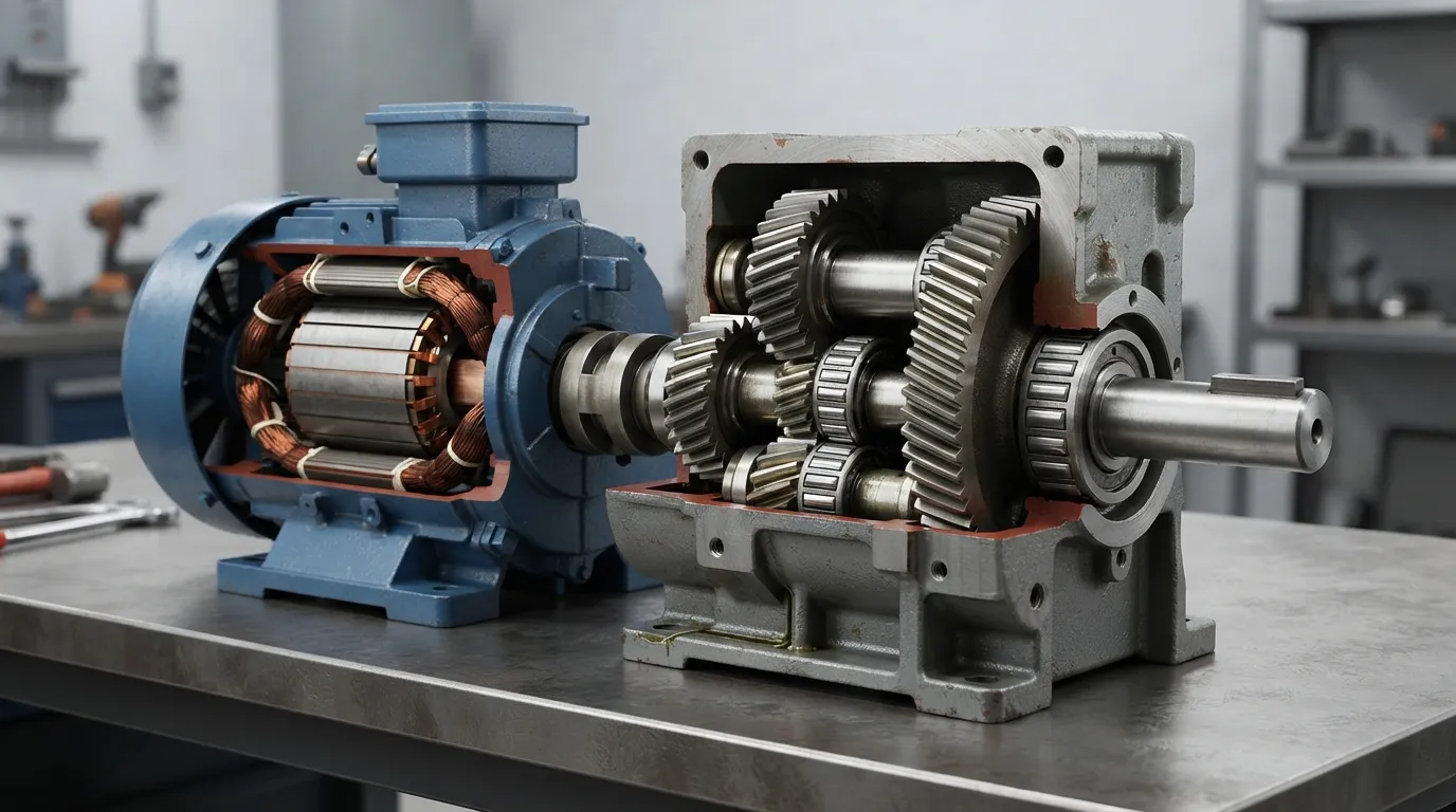 Cutaway industriële tandwielmotor met een elektromotor, interne tandwielen en uitgaande as