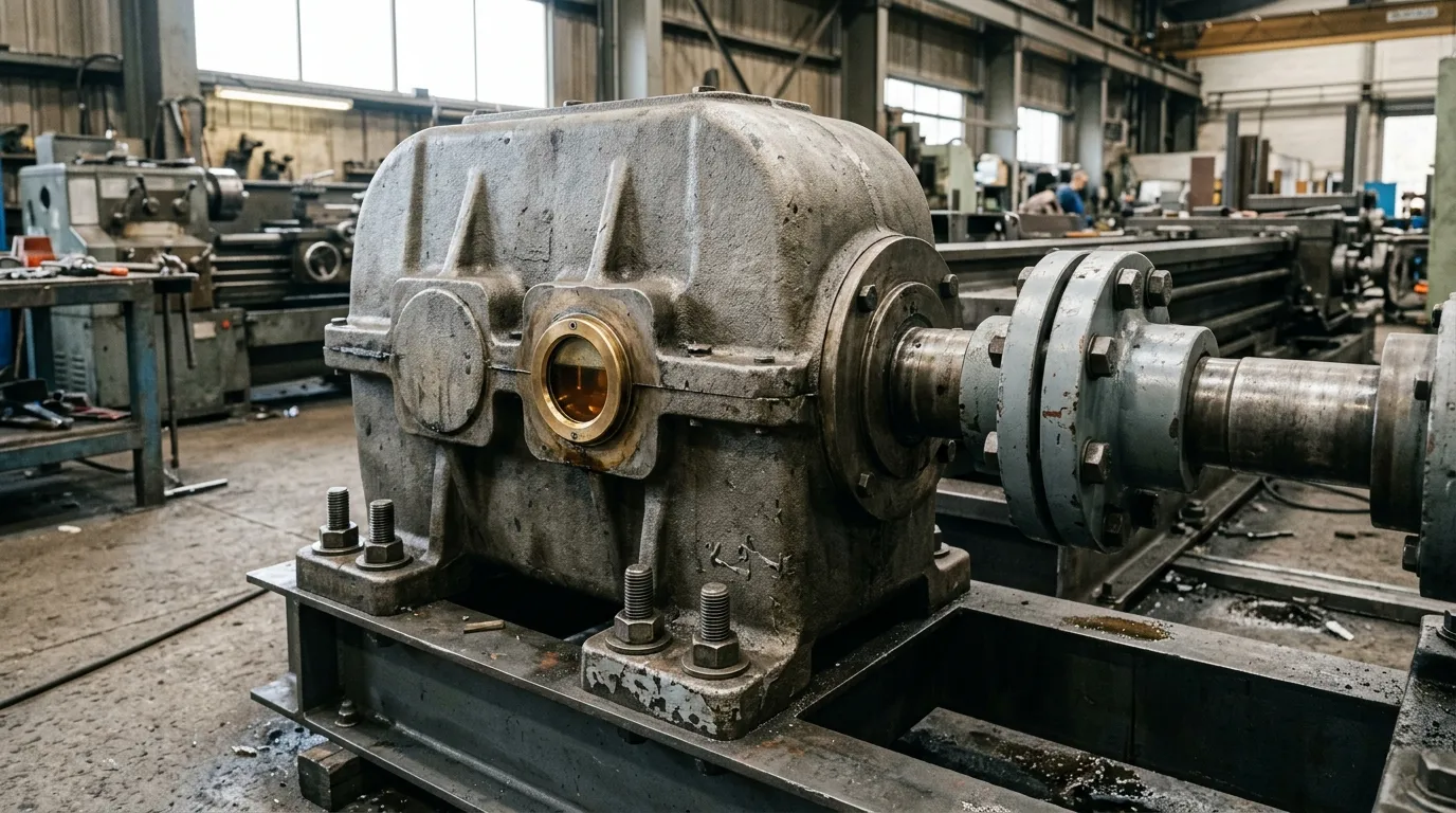 Versnellingsbak gemonteerd op een machinebasis met de uitgaande as gekoppeld aan een aangedreven as en een zichtbaar oliezichtglas