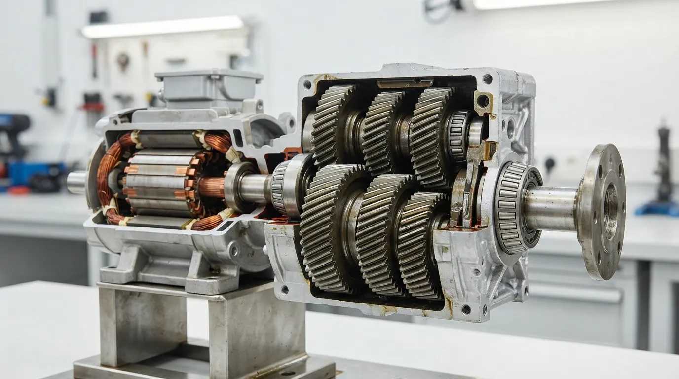 Cutaway-weergave van een spiraalvormige tandwielmotor die de motor en versnellingsbak in één eenheid laat zien.