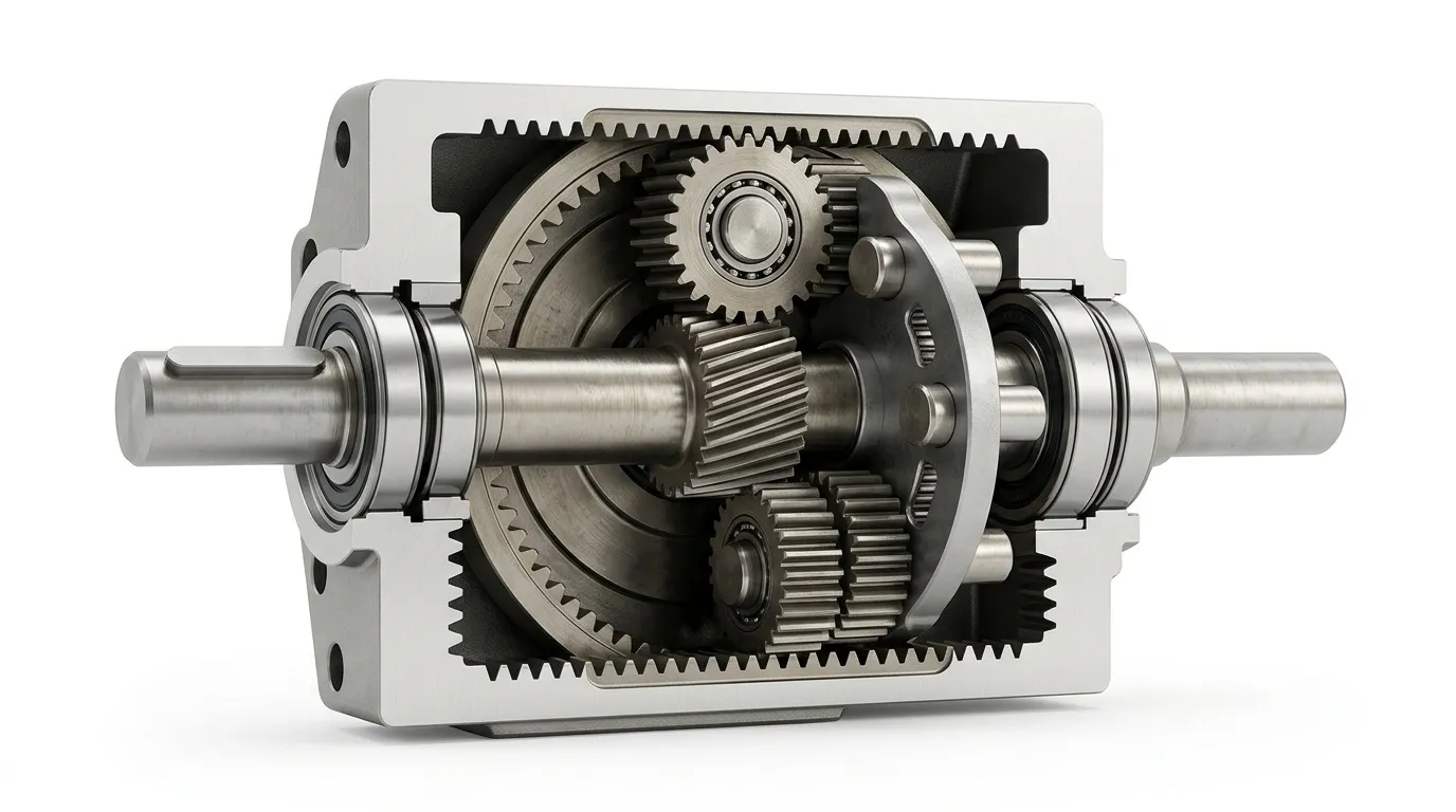 Doorsnede van een planetaire versnellingsbak met zonnestand, Drie planeettandwielen, Carrier, en ringmechanisme.