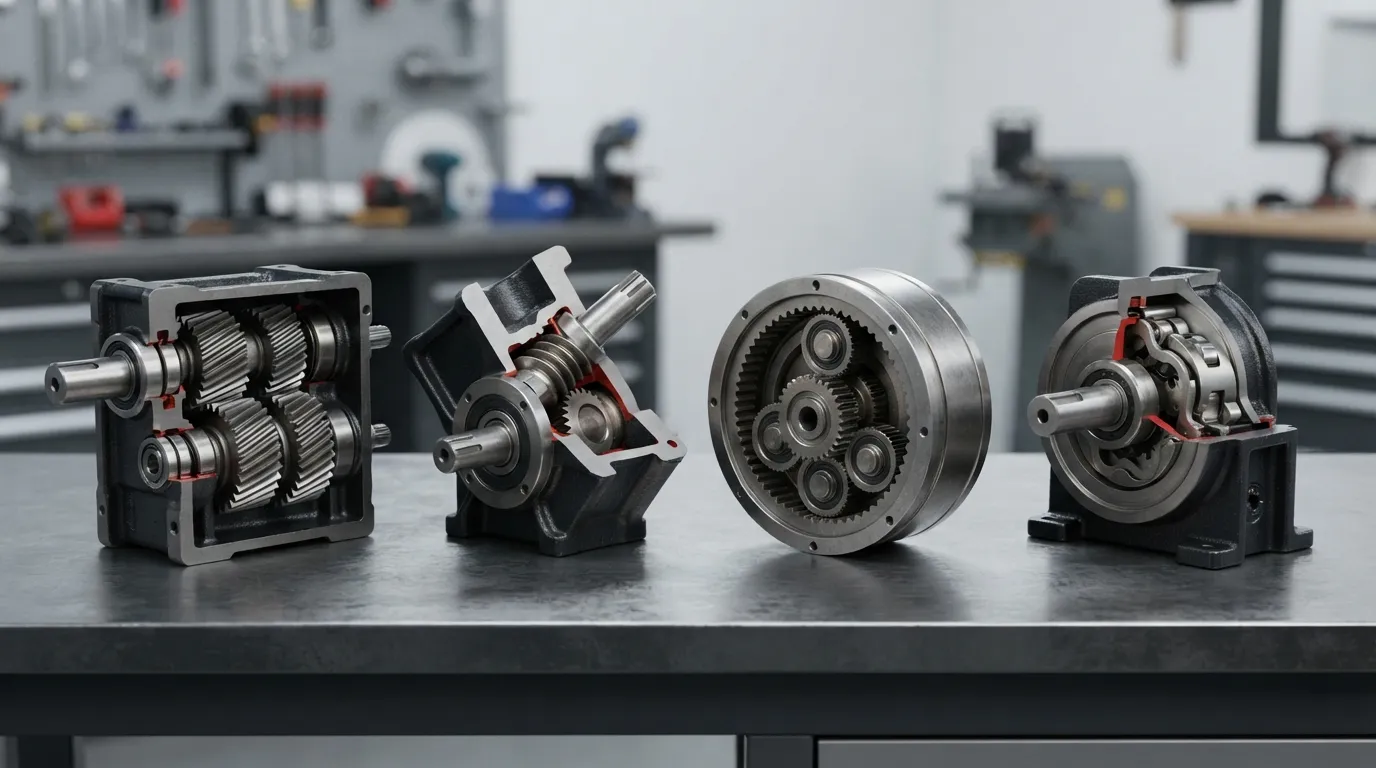 Vier industriële versnellingsbaktypes naast elkaar getoond ter vergelijking