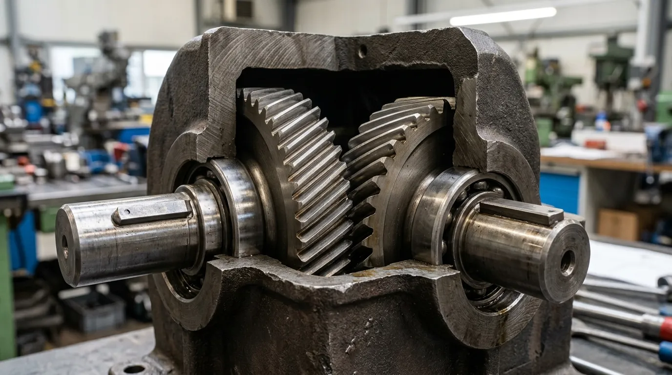 Doorsnede weergave van in elkaar grijpende staaltandwielen in een gietijzeren versnellingsbakbehuizing.