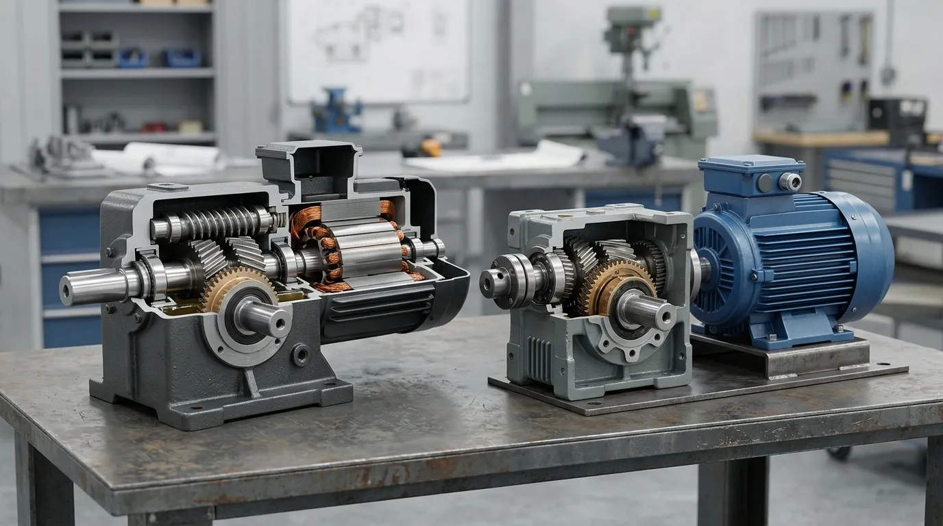 Geïntegreerde tandwielmotor afgebeeld naast een aparte motor en industriële versnellingsbak